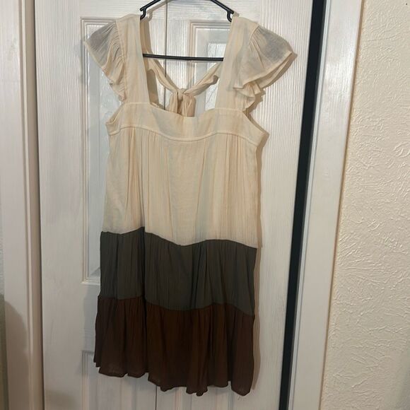 Mine Womens Color-block Flutter Sleeve Tiered Tunic Mini Dress Brown Cream Small - Picture 9 of 9